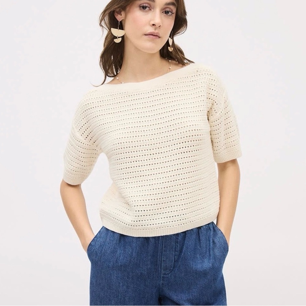 RW&CO. Cream Women's Cotton Short Sleeve Sweater